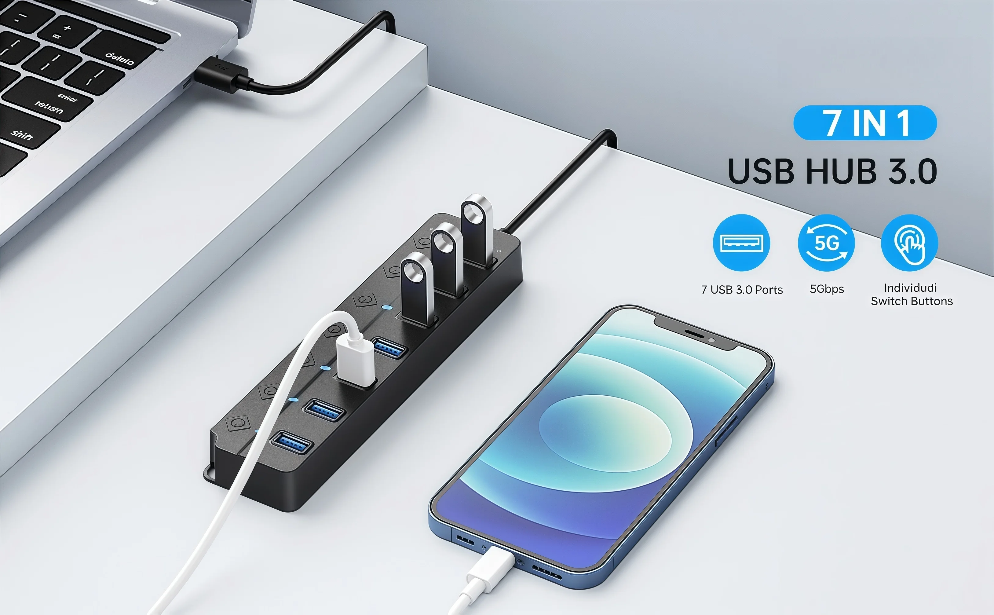 5 uds nueva gran oferta USB Hub 3,0 divisor de 7 puertos con interruptores de encendido/apagado individuales y luces Cable de 1M de largo para Macbook Laptop Surfac