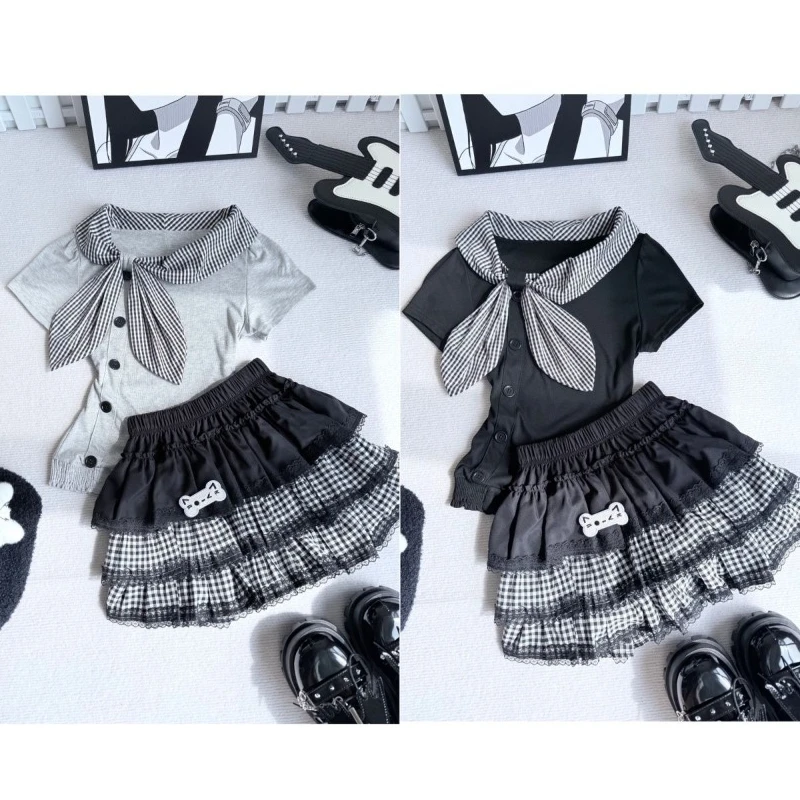 

Summer Y2K Harajuku 2 Piece Set Women Sweet Vintage Sailor Collar Plaid Bow T-shirt + Hot Girl Cute Fashion Mini Skirt New