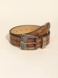 Vintage Carved Buckle PU Wide Belts Boho Brown Embossed Waistband Western Jeans Pants Belt Trendy Dress Coat Girdle For Women