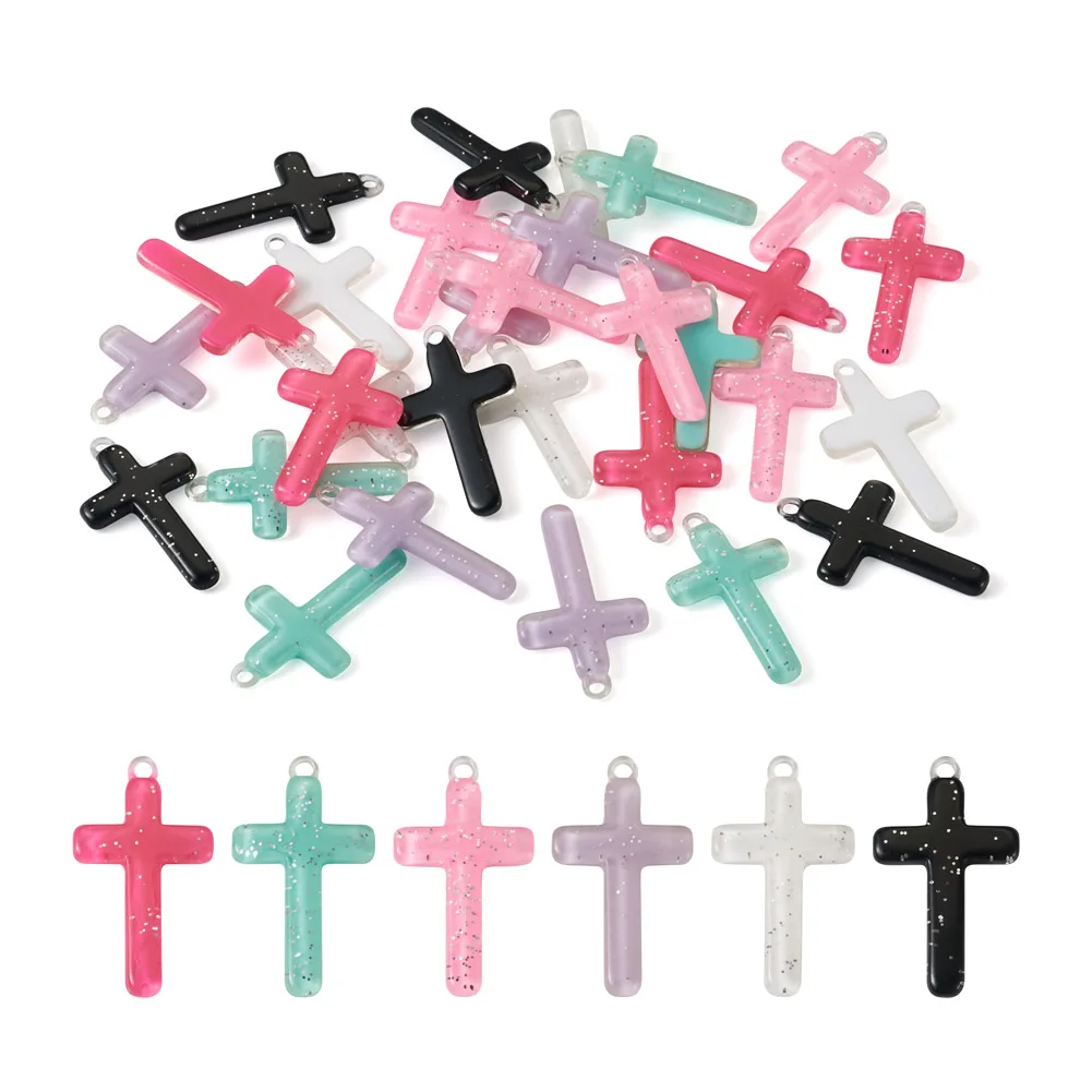 

Kissitty 36Pcs Mixed Color Cross Religion Opaque Resin Pendants with Sequins For Necklace Bracelet Earring Jewelry Making Gift