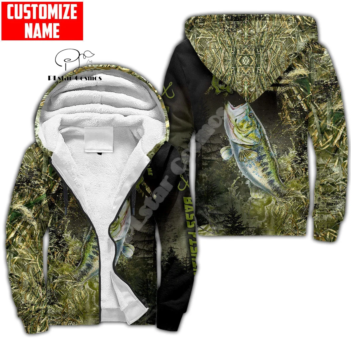 Custom Name Animal Bass Walleye Fishing Camo Vintage Retro 3DPrint Harajuku Casual Winter Thicker Fleece Zipper Hoodies Jacket 0