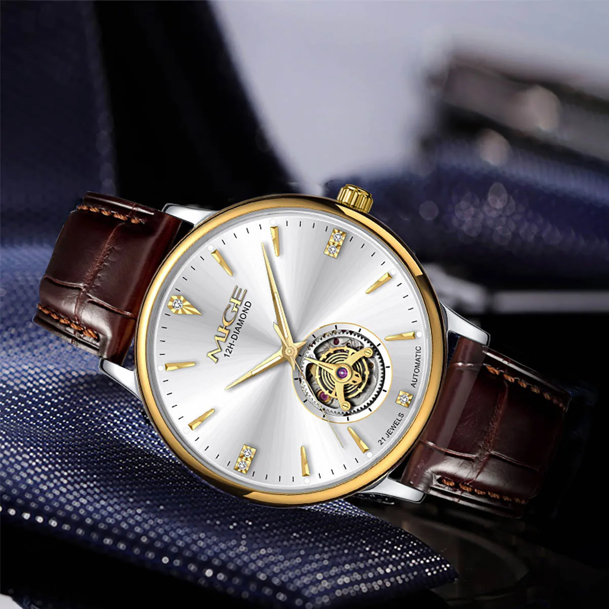 MIGE Men's Watches Mechanical Automatic Watch Waterproof Top Brand Diamond Luxury Luminous Calendar Wristwatch Stainless Stee