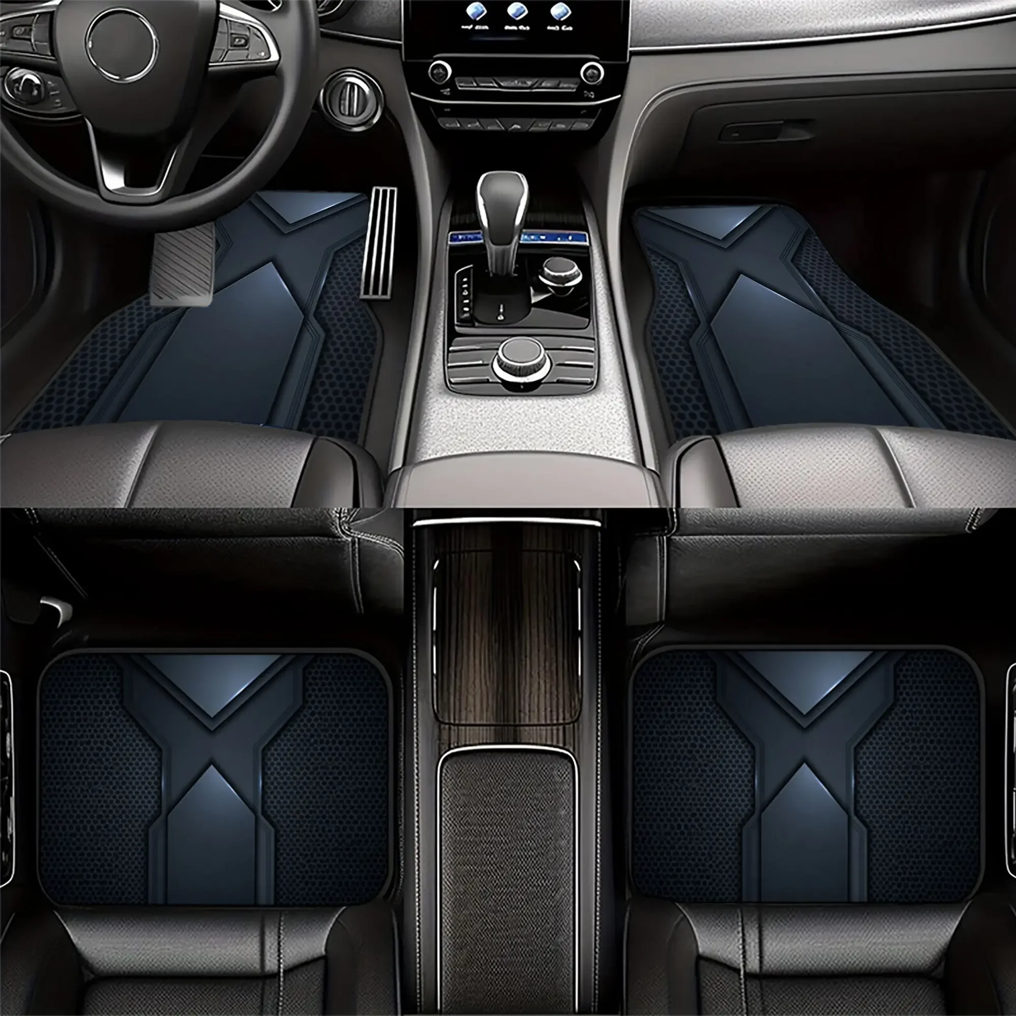 4pcs Polyester Fiber Geometric X Pattern Printed Car Floor Mats, Sleek Black Design With Textured Surface, Universal