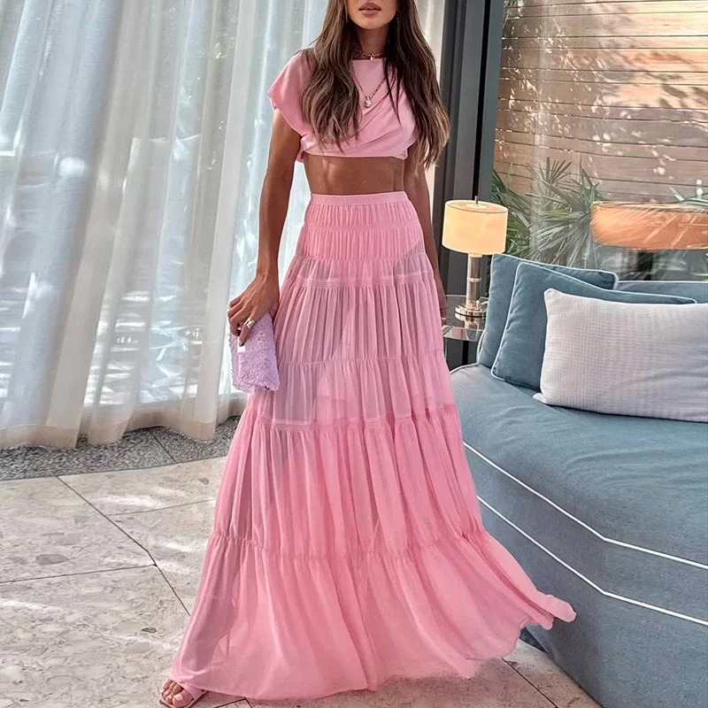 

Женская повседневная длинная юбка с коротким рукавом, модные лоскутные однотонные костюмы из 2 предметов, элегантный пуловер с круглым вырезом, топ и плиссированные юбки, комплект