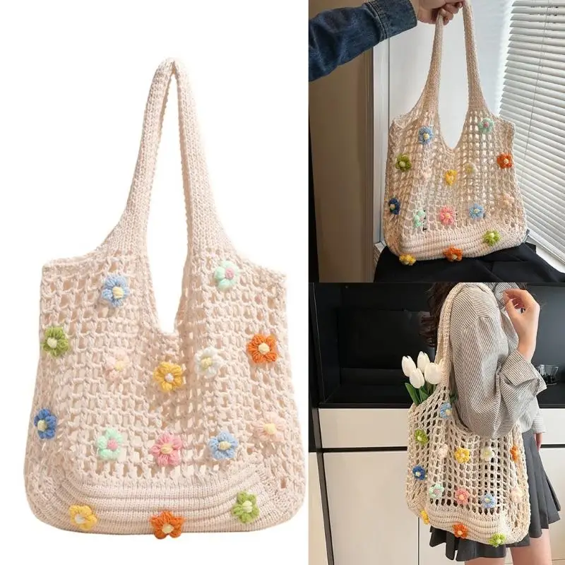 

Women Beach Bag Knitted Shoulder Bag Fashion Handbag with Flowers Large Capacity Armpit Bag Shopping Bag for Travel