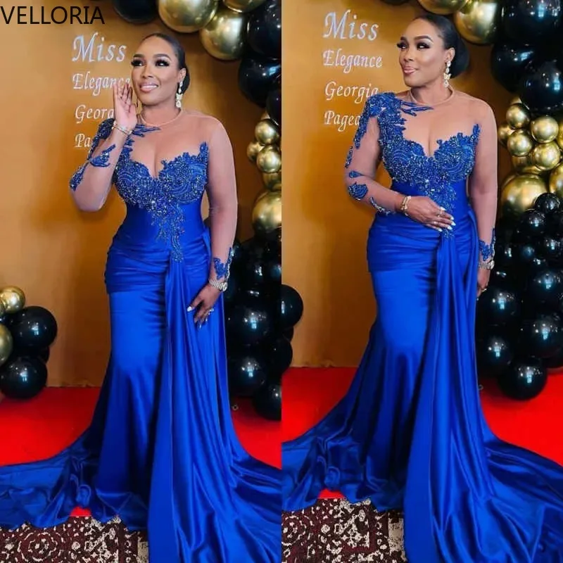 Vestido de noite feminino de renda azul sexy um ombro manga comprida vestido de festa de luxo frisado vestido de baile vestdos de fiesta personalizado