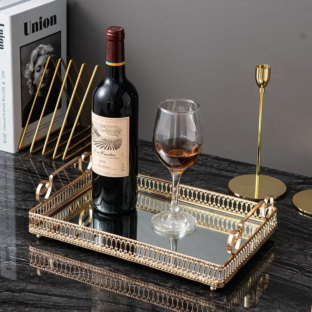 European Glass Metal Storage Tray Gold Decor Luxury Home Decor Jewelry Display Living Room Mirror Glass Tea Tray Table Storage