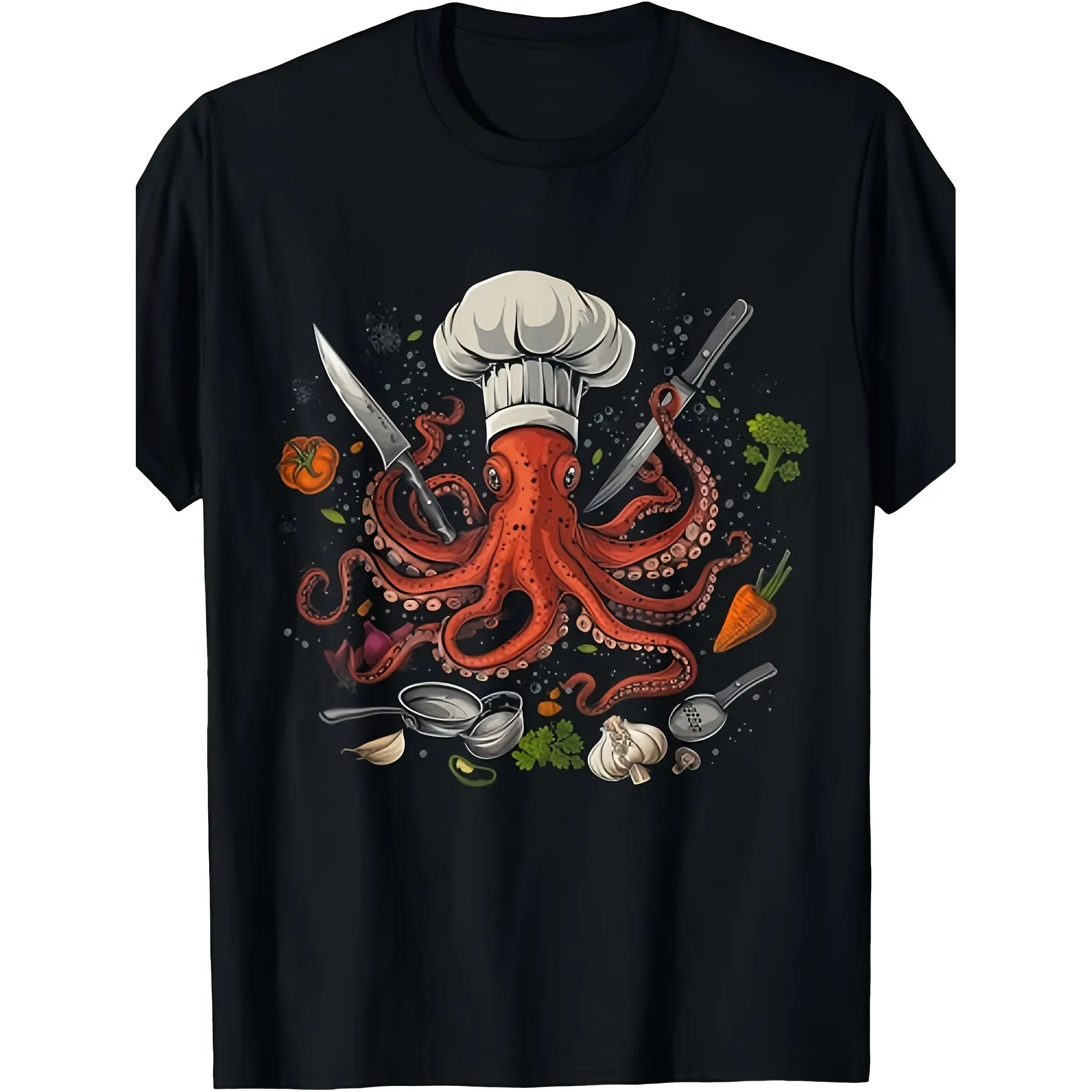 Chef Octopus Graphic Tee Funny Kitchen Kraken Cooking Design Short Sleeve Cotton Shirt for Men