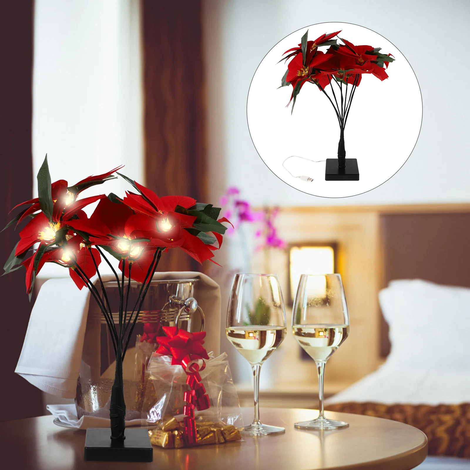 

1Pcs Artificial Poinsettia Tree Lamp Xmas Christmas Scene Decor Red Flower Light Festival Lamp Decorative Ornament