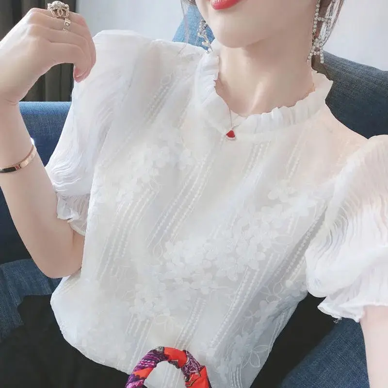 Elegant Embroidery Ruffled Neck Flare Sleeve Oversized Chiffon Shirt 2022 New Casual Tops Loose Commute Women\'s Clothing Blouse