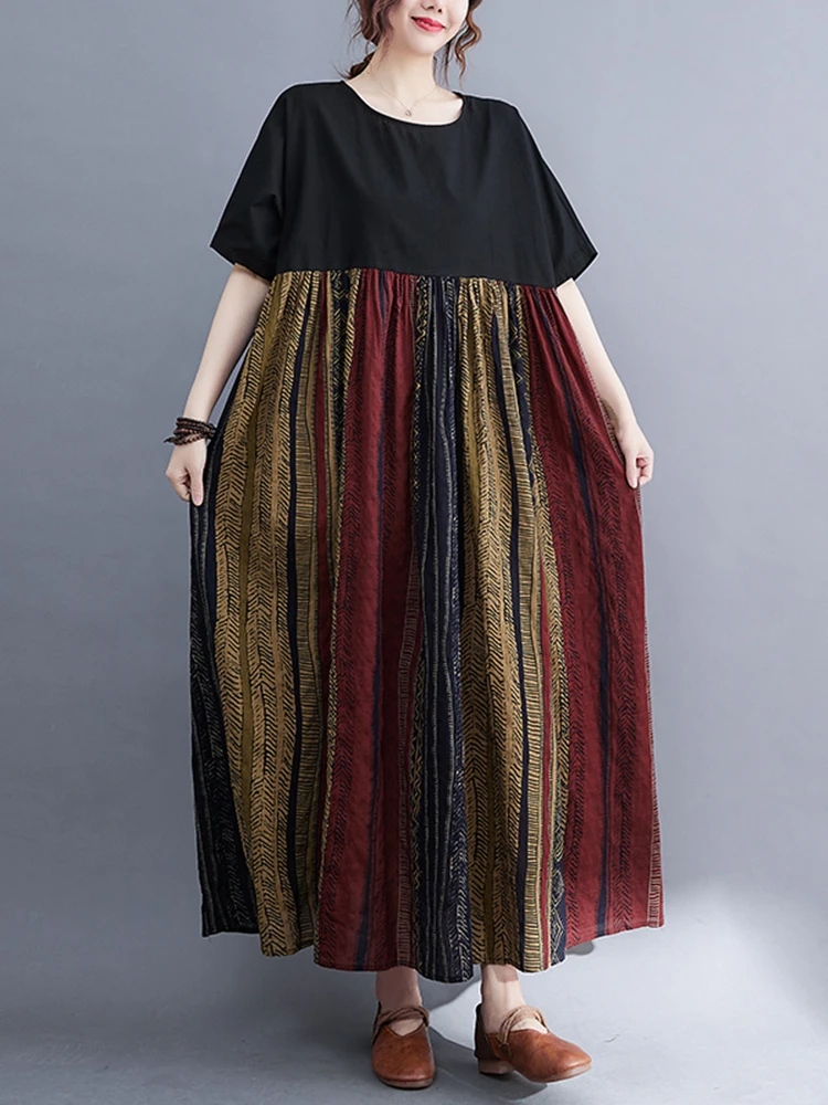 Patchwork Vintage Striped Dresses For Women New Short Sleeve Cotton Loose Casual Long Summer Dress Robe Elegant Clothing 2025