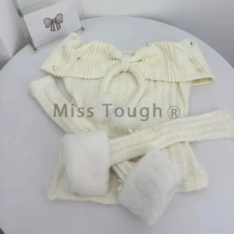 Winter Knit Japanese Kawaii Y2k 2 Piece Set Woman Off Shoulder Elegant Retro Skirt Suit Female Chic Tops + Cake Mini Skirt 2024