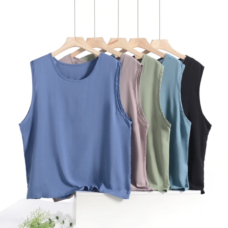 Men's Silk Vest Summer Thin Breathable Inner Wear Outerwear Loose Large Size  Color round Neck Base Shirt