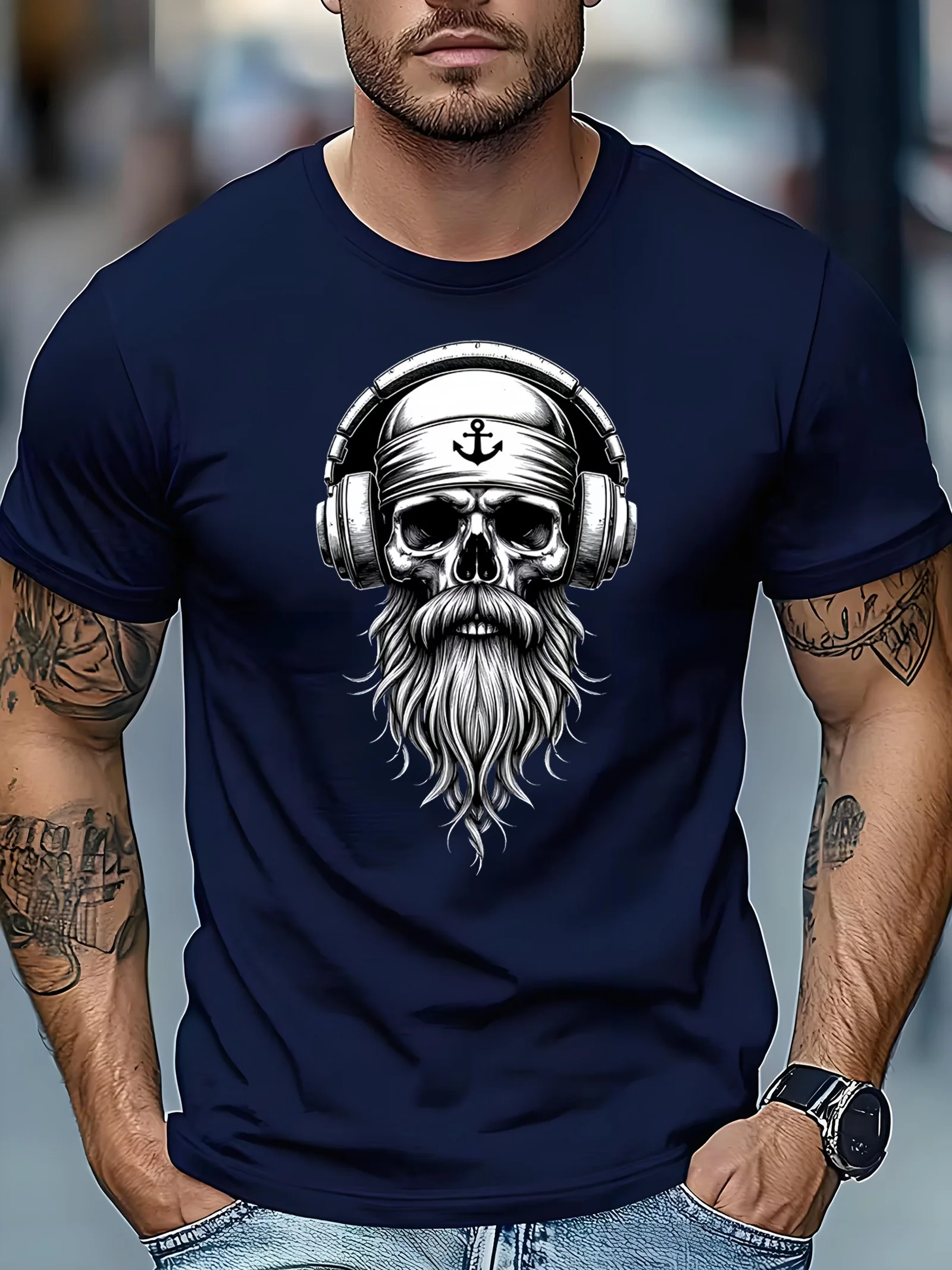 Men's casual outdoor sports T-shirt with skull and earphone design, regular fit for casual daily wear and formal occasion
