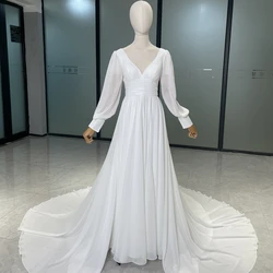 Soft Tulle V Neck Long Sleeve Chiffon Gown Elegant Wedding Dresses For Bride to wear