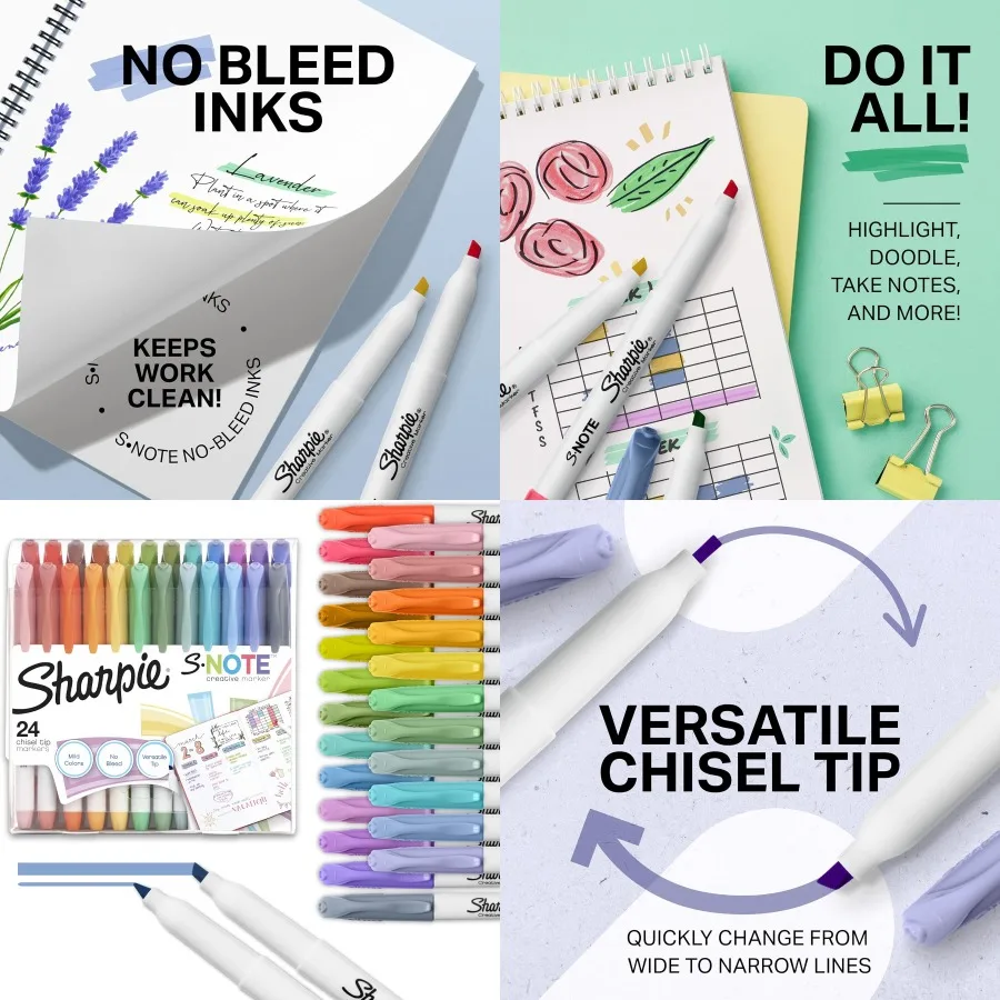 شاربي S-Note علامات إبداعية باستيل فسفورية مجموعة أقلام تلوين ألوان متنوعة إزميل طرف 24 عدد مثالي للمنزل المدرسي #1