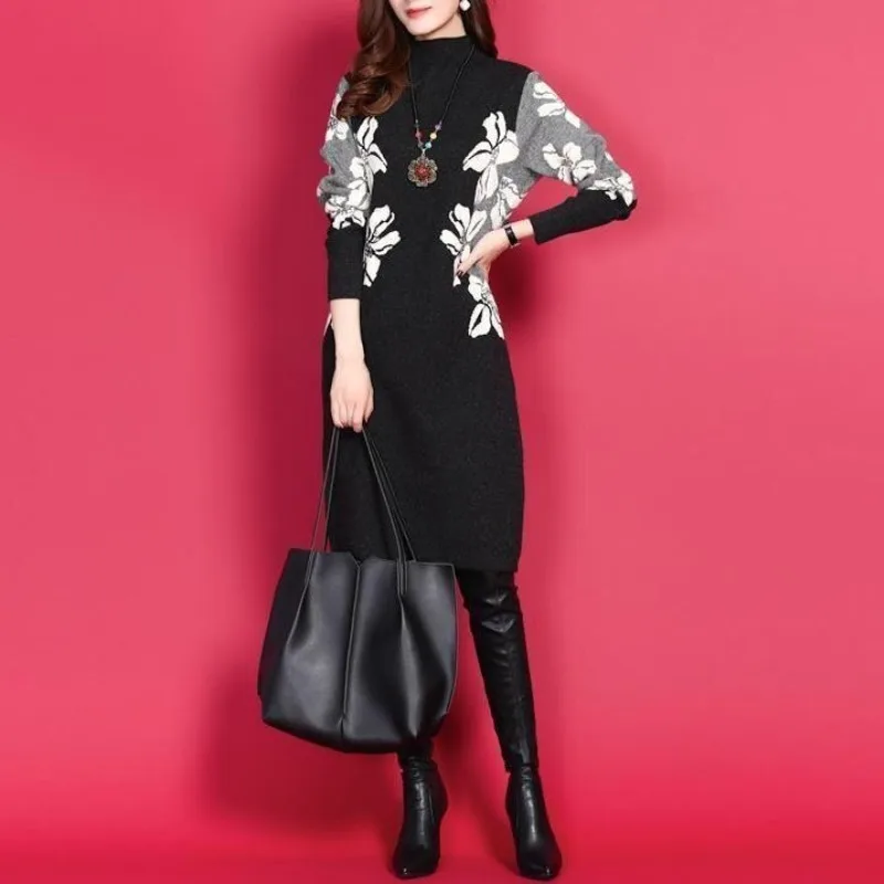 Autumn and Winter Women\'s Round Neck Long Sleeve Slim Pullover Plus Size Midi Underlay Printing Fashion Casual Office Lady Dress