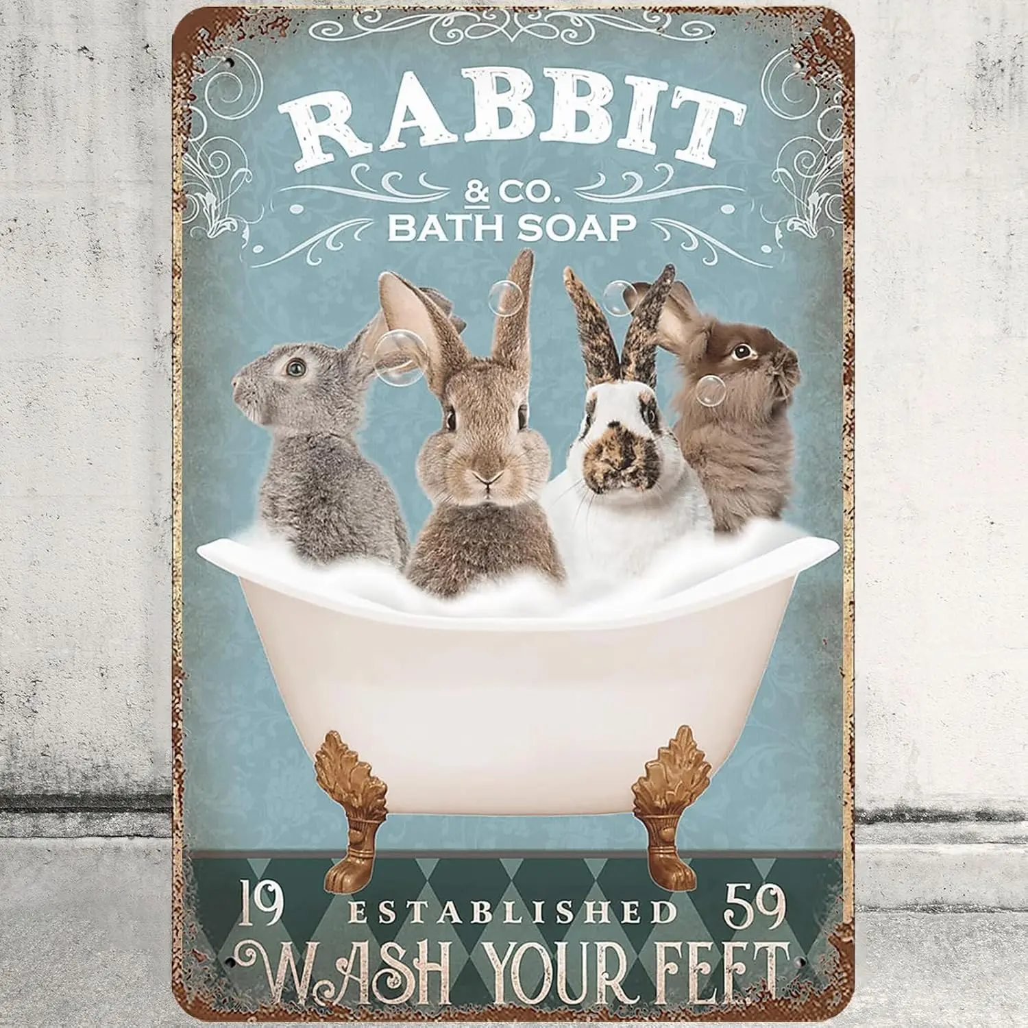 Metal Tin Sign 8x12 Inches, Rabbit Bathing Wall Decor Rabbit Bath Soap Wash Your Feet Tin Signs Poster for Home Office Cafe Bar