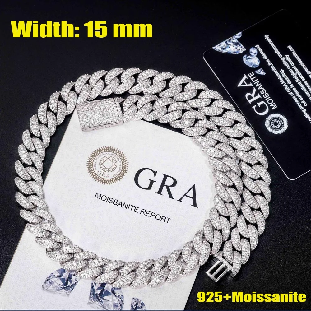 15MM VVS1 Moissanite Cuban Chain Necklace 925 Silver For Men Hip Hop Jewelry Iced Out Baguette Link Fine Jewelry Gifts for Men