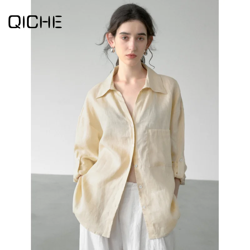 QICHE 2026 100% Linen Thin Long Sleeve Shirt Women Solid Color Elegant Relaxed Fit Fall Blouse