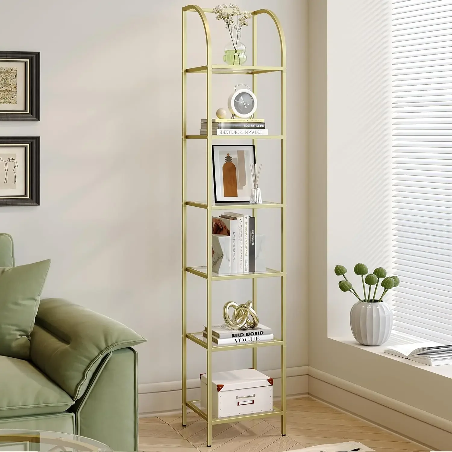 Tempered Glass Arched Bookshelf for More Storage, Slim Shelving Unit for Bedroom, Bathroom, Home Office, Steel Frame