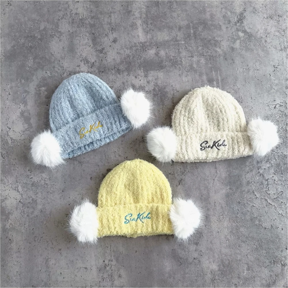 Baby Hat Embroidered Winter Girls Warm Knit Beanie Thick Pom Pom Foldable Brim Hats Ball Children Cap Kids Bonnet Casquette