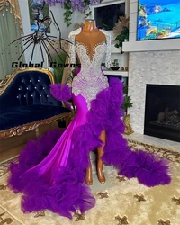 Purple Long Prom Dress For Black Girls 2024 Bead Crystal Birthday Party Dresses Rhinestone Tassel Ruffle Evening Gown Customized