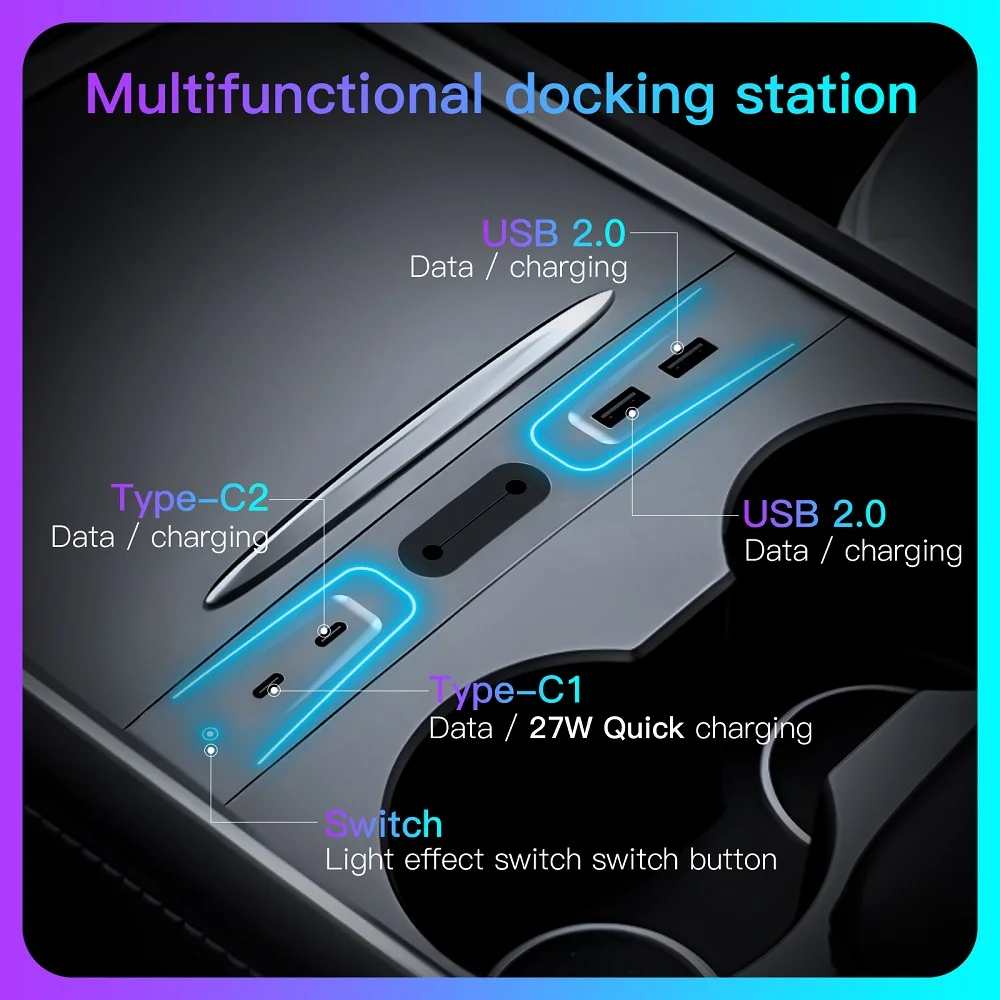 27W Quick Charger USB Hub for Tesla Model 3 Tesla Model Y 2021-2023 Aperture Intelligent Docking Station Car Adapter with Light