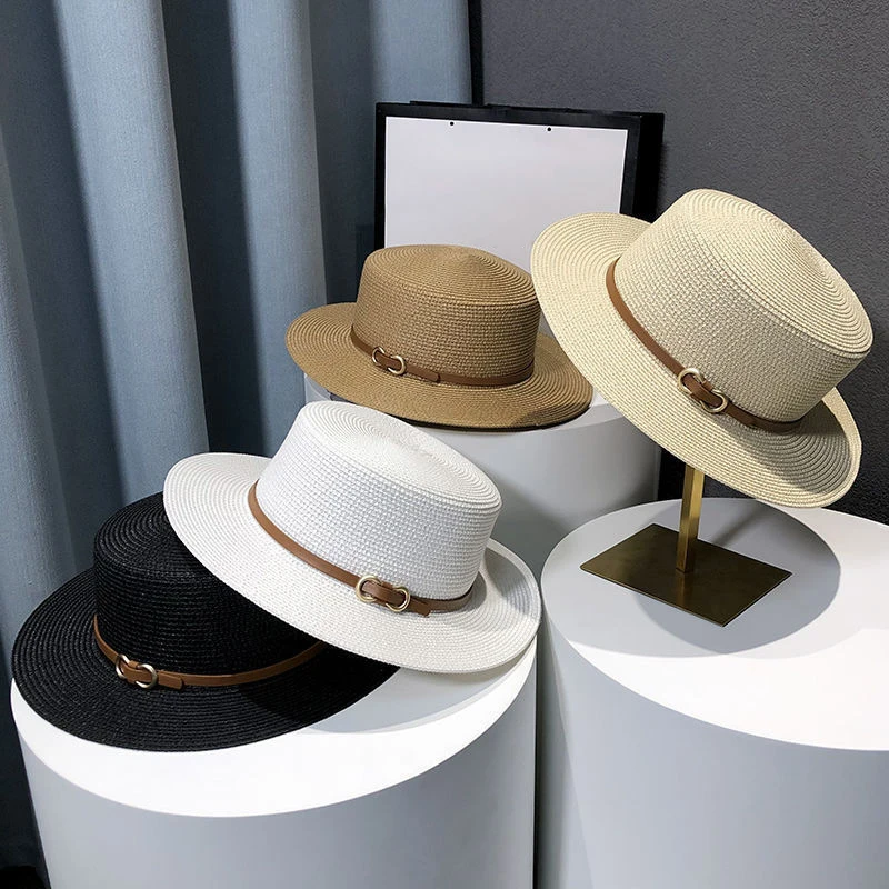 Women Summer Straw Hat Beach UV Resistant Sun Hats Ladies Large Brim Grass Visors Belt Decor French Female Flat Top Jazz Cap 캡모자