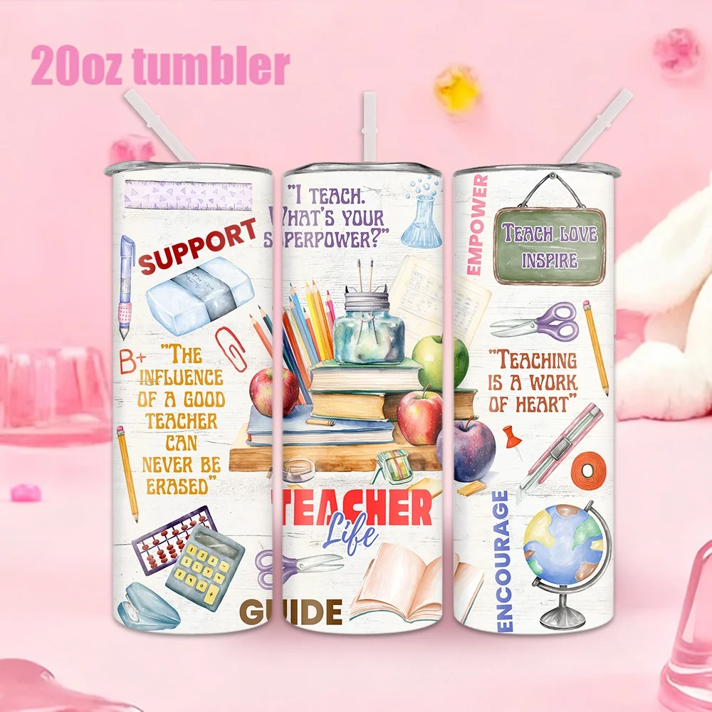 1 botella/vaso de agua de acero inoxidable con la frase motivacional "Teacher Life Guide" — 20 onzas (591 ml) — Incluye pajita — Regalo para profesores
