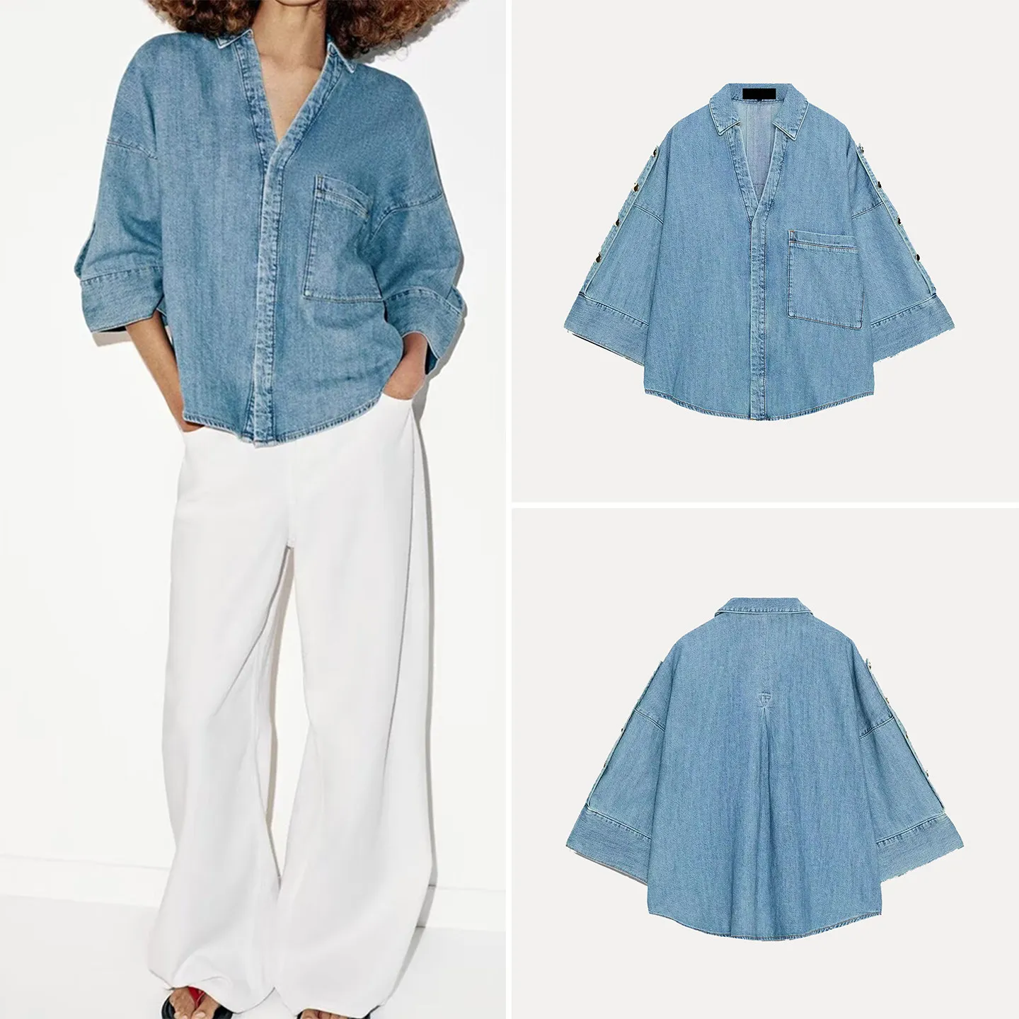

Fashionable V-Neck Wide Sleeve Denim Shirt Women's Spring 2026 New Arrival ZADATA Loose Fit Seven Quarter Sleeve Classic Collar