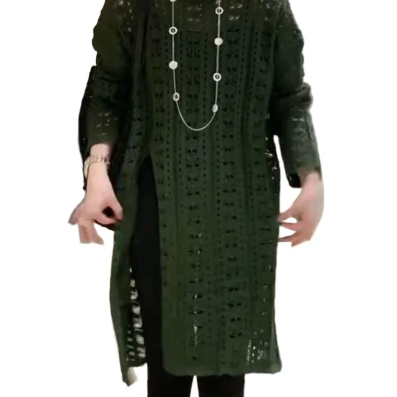 Women European Style Elegant Retro Hollow Out Hem Split Sweater Loose Mid Length Knitted Shirt Autumn Winter Fashion Dress