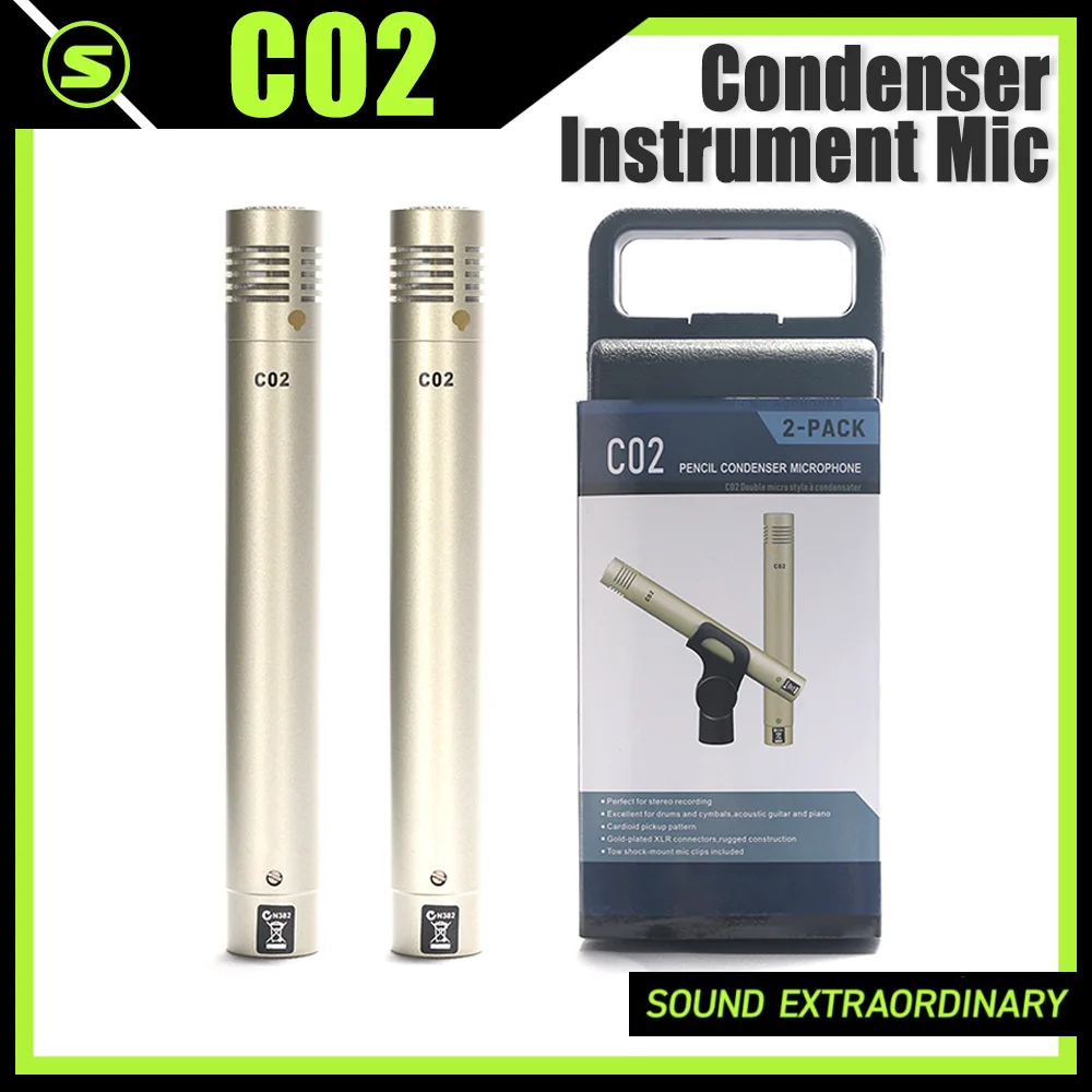 Microfone de Instrumento Profissional C02 com Diafragma Pequeno, Tipo Lápis, de Metal, com Clipe e Protetor de Vento para Bateria e Piano