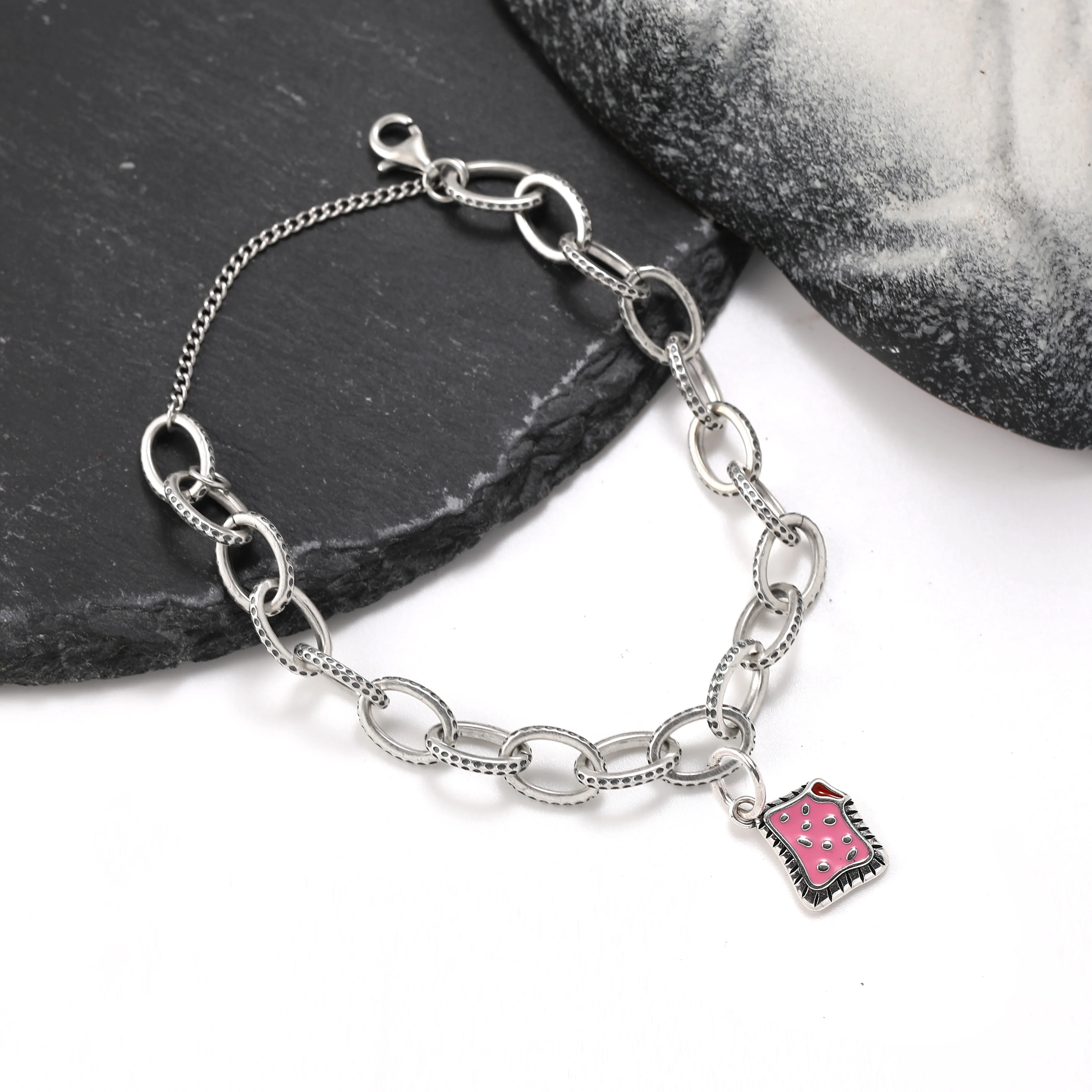 

Genuine 925 sterling silver exquisite Textured Oval Charm Bracelet paired with Enamel frosted baked bread and pastries pendant