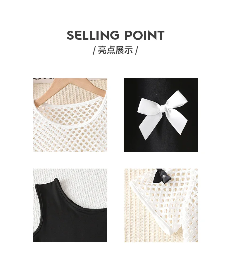 Summer Girl Dress Teen Girls Clothing Set Mesh T Shirt Crop Top Black Bowknot Strap Dress 2Pcs Kids Y2K Outfits Streetwear Chic