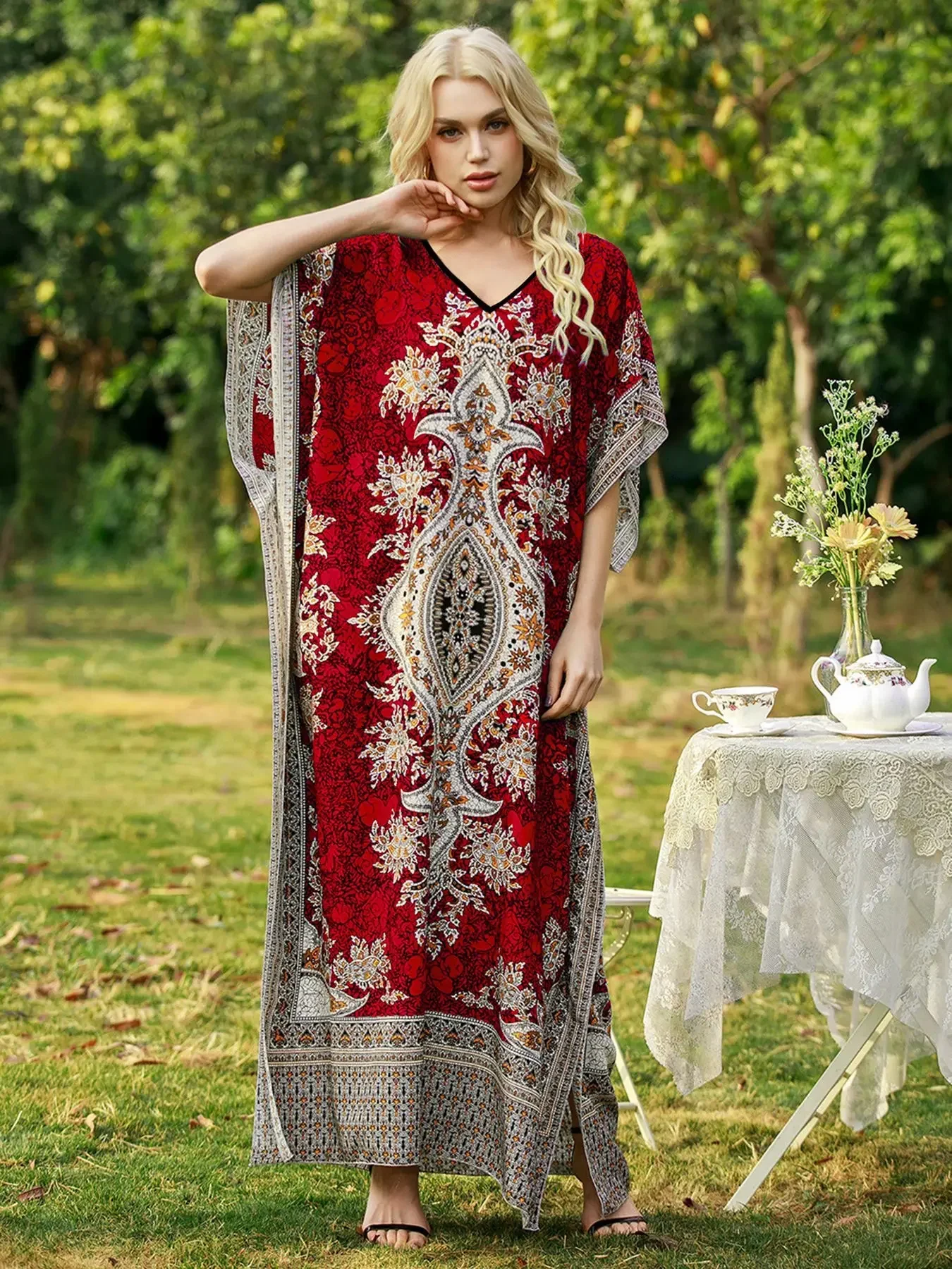 Dresses For Women 2025 Casual Long Kaftan Kimono Style Drawstring Gown Bohemian Sexy Nightdress Beach Kaftan Casual Ropa Mujer