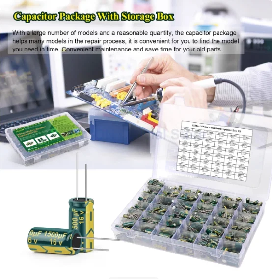 

925 pieces, 36 different resistance values, 10V 470uF - 63V 470uF, green through-hole high-frequency aluminum electrolytic capac