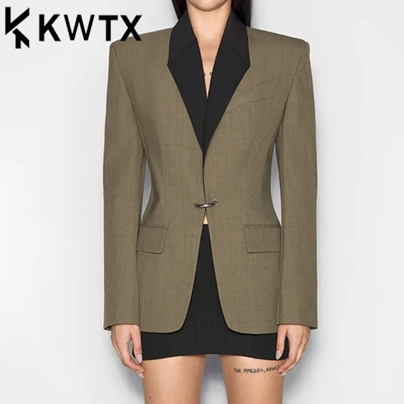 

KWTX женский легкий блейзер цвета хаки с контрастными лацканами, винтажный свободный крой с поясом, роскошный дизайнерский весна-лето 2025, новая мода