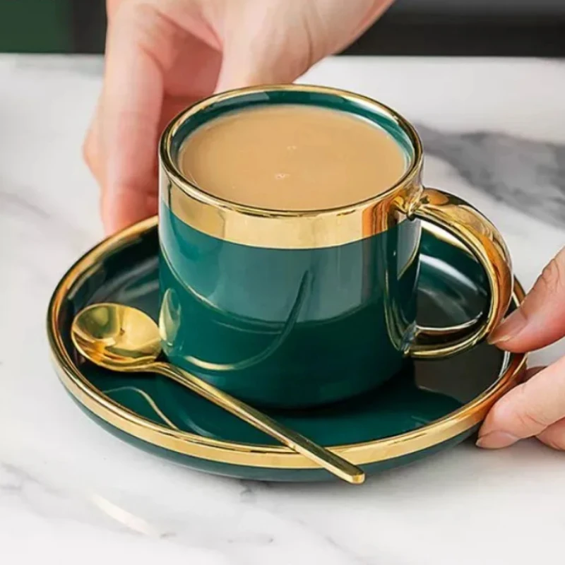 Green Coffee Cup Set with Spoon, Dim Sum Dish, Afternoon Tea, Black Tea Cup, Handle Mug, Household Tea Set