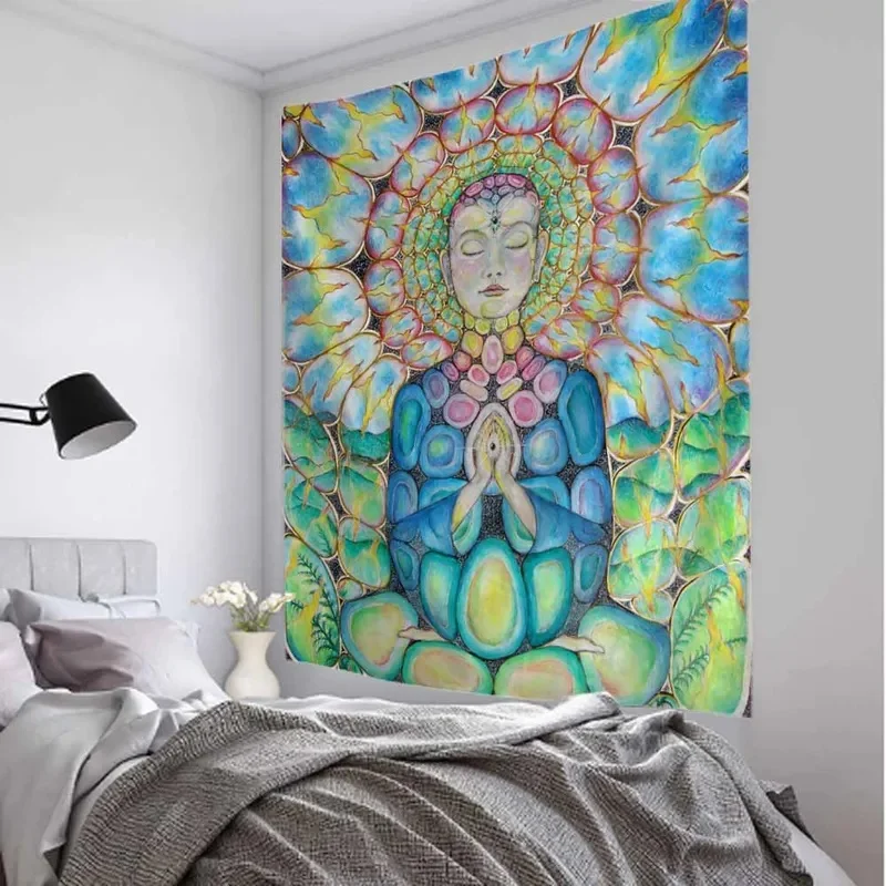 VIKAMA Boho Yoga Meditation Wall Tapestry Psychedelic Goddess Om Pattern Large Fabric Wall Blanket for Indoor Room Decor