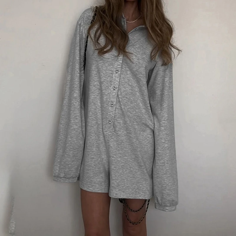 

Basic Loose Grey Rompers Streetwear Casual Solid Button Turn-Down Collar Long Sleeve Playsuits Women 2025 Autumn Spring Fashion