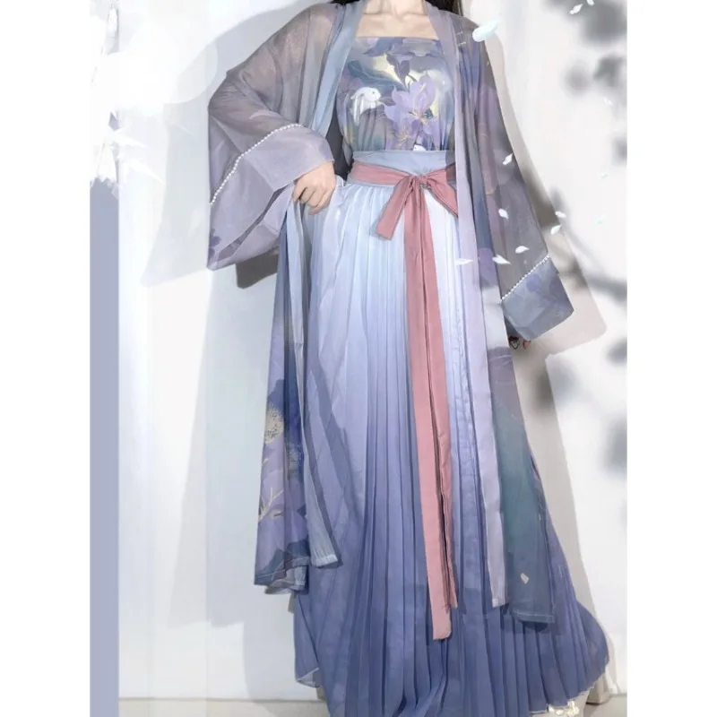 Song Dynasty Purple Flower Printed Hanfu Dress Suit Changgansi Waist Length Pleated Skirt Traditional Chinese Clothing for Women