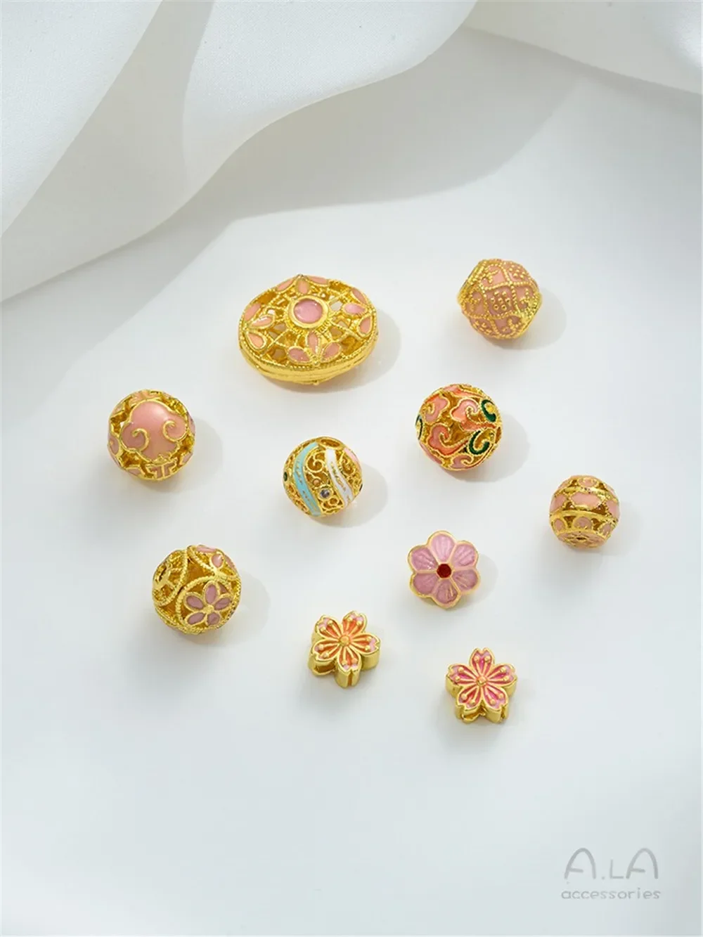 Pink Oil Drop Gold-plated Cloisonne Pink Cherry Blossom Bead Spacer Ball Straight Tube DIY Bracelet Bracelet Jewelry Accessories