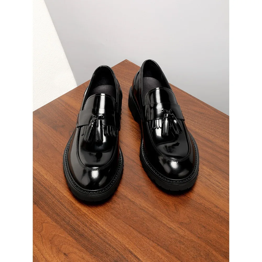 Mens Genuine Leather Tassel Loafers Premium Bright Burnished Upper British Style Slip On Business Casual Dress Shoes