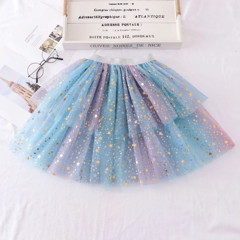 2023 Summer Girls Stars Sequin Mesh Tutu Skirt Fairy Print Puffy Cake Skirts School Girl Pleated Princess Skirt