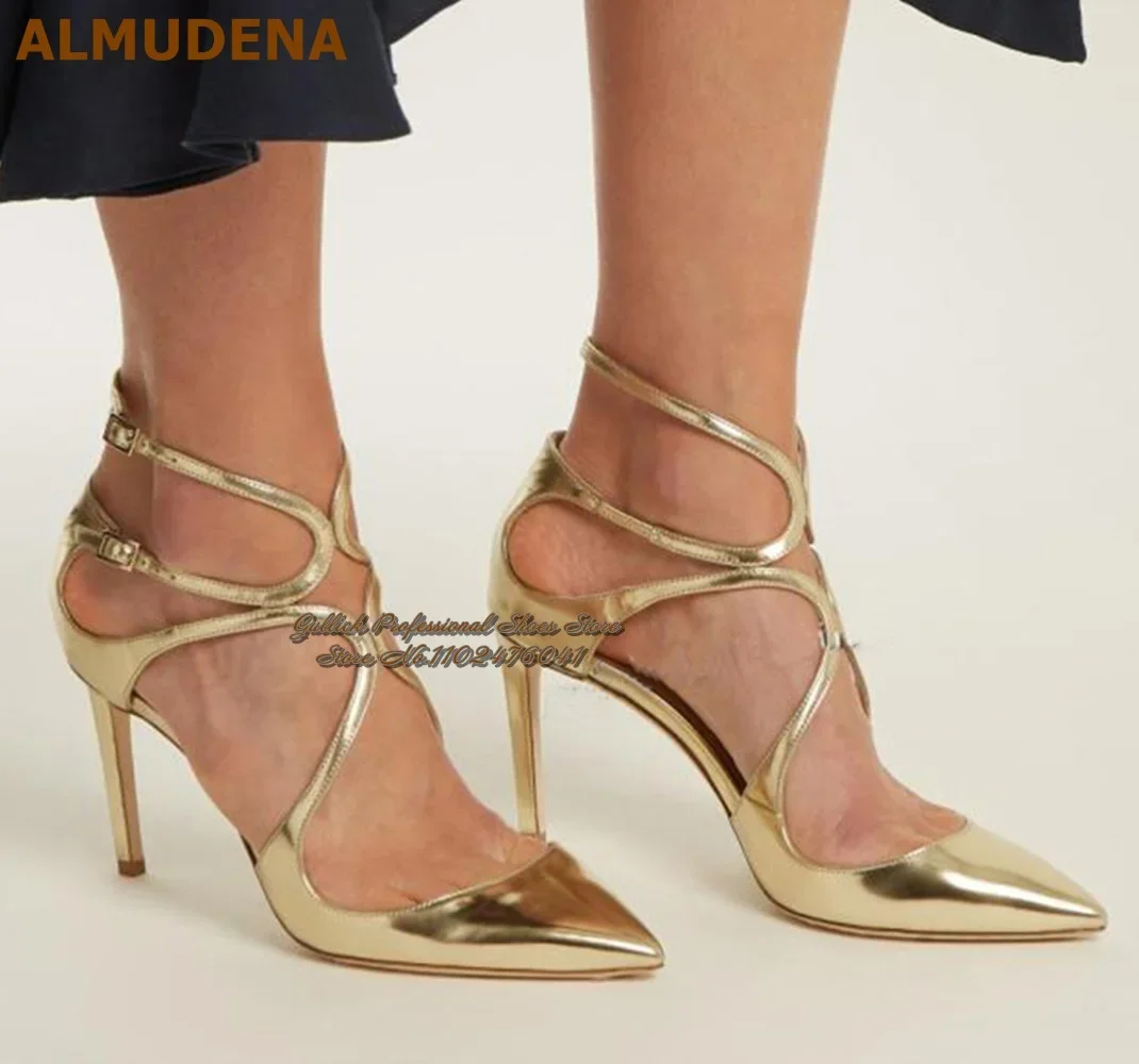 

ALMUDENA Golded Patent Leather Cross Strap High Heel Shoes Stilettos Pointed Toe Buckle Banquet Pumps Dropship Footwear Size46