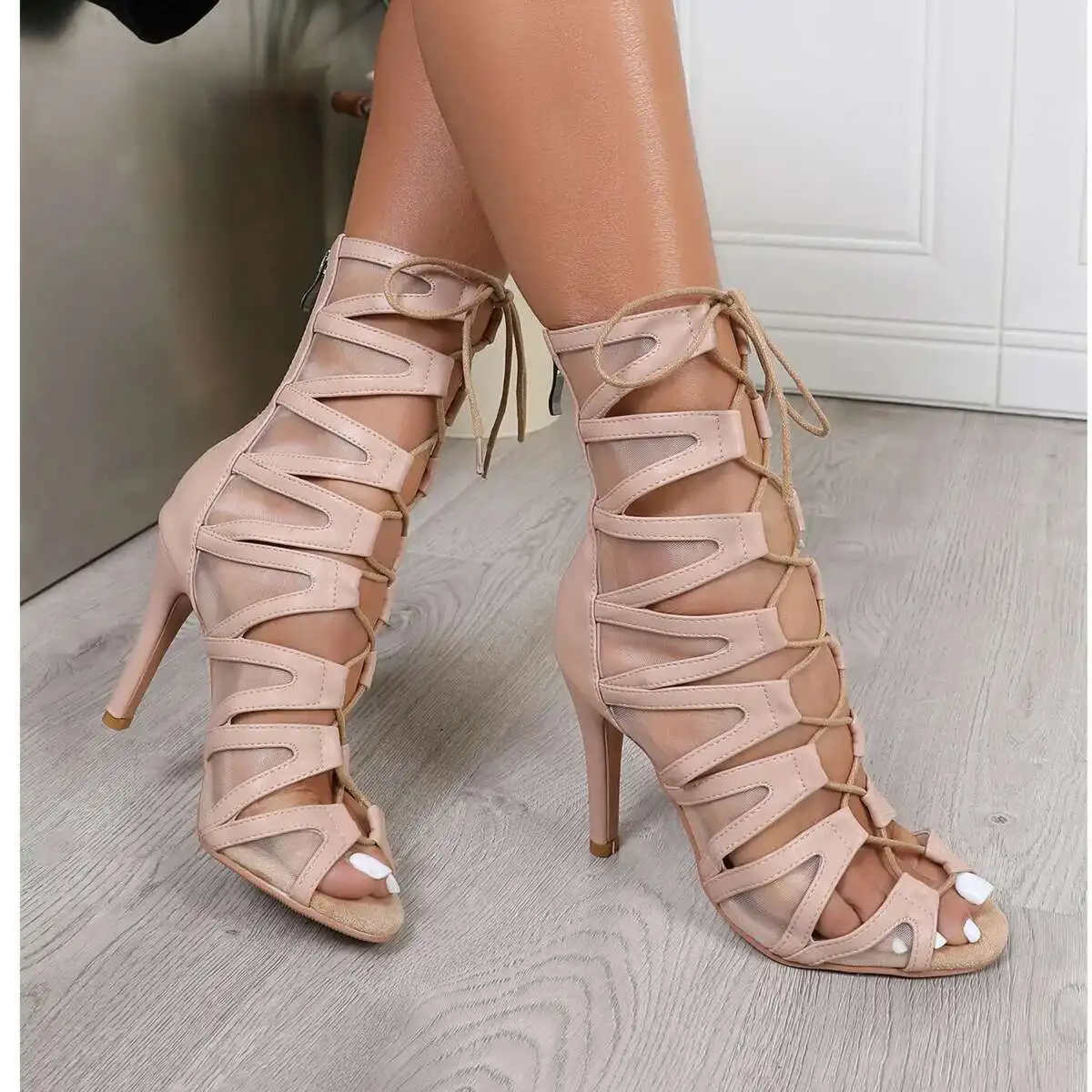 

High Quality Women Beige Heels Ballroom Suede Sole Customizable For Latin Dancing Outdoor Booties Big Size