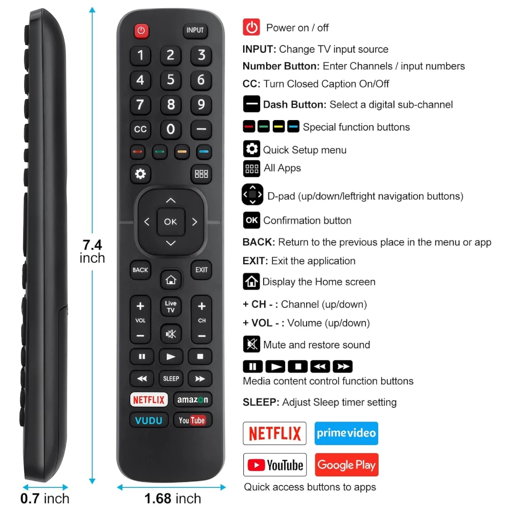 Universal IR Remote Control Compatible with All Hisense TV 4K ULED HD UHD Android Smart TVs EN2A27  Replacement Shortcut Buttons