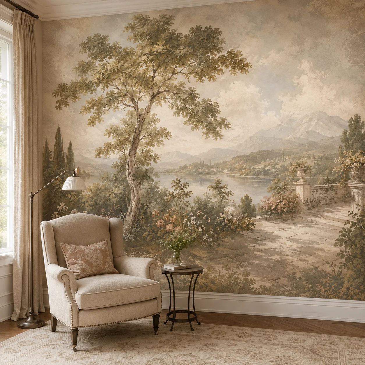 Old World Lakeside Scenic Fresco Wall Mural Wallpaper, Beige Tree Mountain Terrace Decor for Living Room, Paste Required