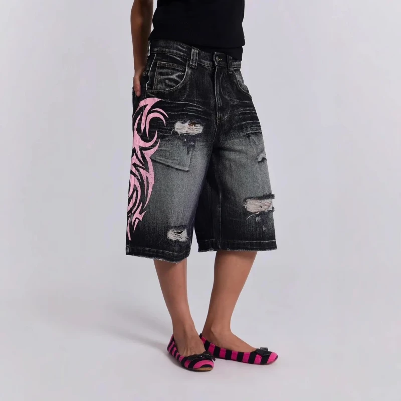 

Summer 2025 Vintage Street Loose Five Quarter Pants with Holes Denim Shorts for Women